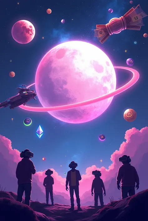 "Futuristic Web3 gaming illustration with a large moon at the center, symbolizing Moonveil. Orbiting the moon are various gaming elements: a spacecraft (representing AstrArk), a jungle-themed game controller (for Bushwhack), Ethereum symbols, and glowing p...