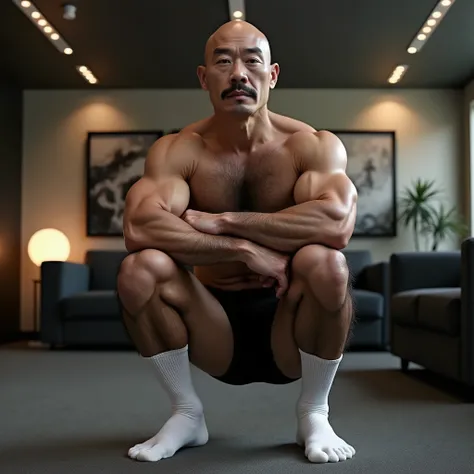 40 years old，Hidetoshi Nakata，（Kogoro Mori 1.3），whole body，Lean，muscle，office，Kneeling，black，foot，White socks，Baldhead ，transparent，Thick body hair，underwear，Topless，Densely hairy，Fortitude，HD，With a mustache