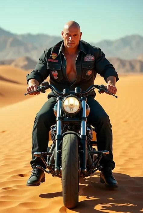 Big giant body builder white bald men wearing unbuttoned black denim shirt with logos on heavy motor bike in desert 