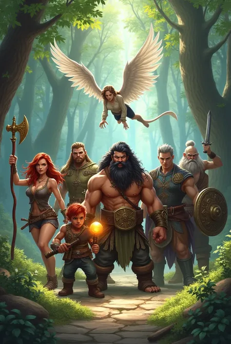 A group of six members, including;
A short, red-haired dwarf with an axe.
A female sorceress with brown hair carrying a staff with an orange orb.
A strong, tall man with triton features, black hair and beard, wielding a long sword.
A girl with red hair and...