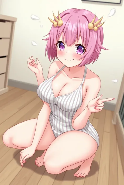 8k,Highest,quality,(highest quality:1.1), (masterpiece:1.4), (Confused:1.0), 
1 person, Deviluke Type, hair ornaments, Bobcut, Short Hair Pink Hair, Purple eyes, Center of chest,((School Swimsuit)), Her Room, (blush:1.2), smile,（Perfect Fingers）,Squat,Spre...