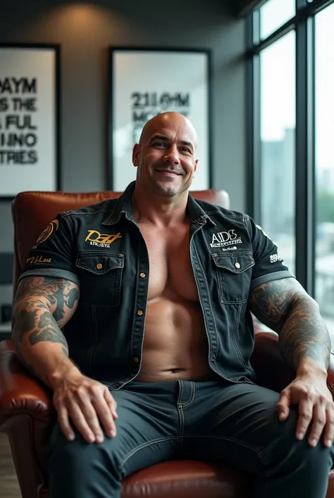 Big giant body builder white bald men wearing unbuttoned black denim shirt with logos in office on chair 