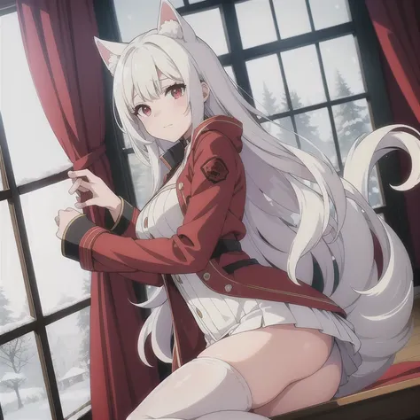 A girl with cat ears and a tail, white hair, a red short jacket, and red stockings, with snow falling outside the window, ultra-high detail, fantasy illustrations, and a warm atmosphere.