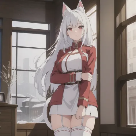 A girl with cat ears and a tail, white hair, a red short jacket, and red stockings, with snow falling outside the window, ultra-high detail, fantasy illustrations, and a warm atmosphere.