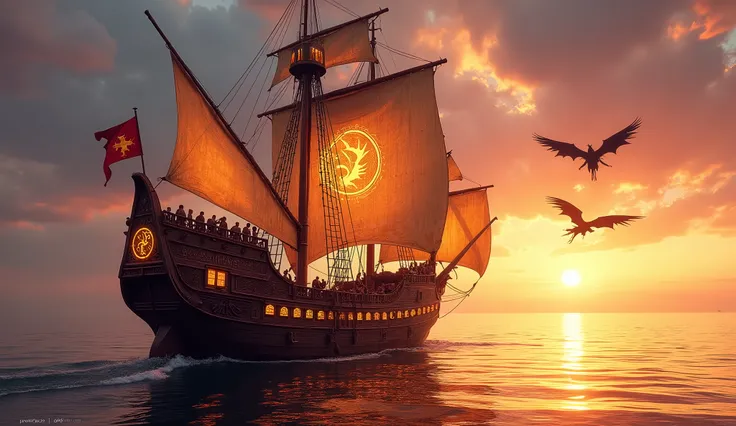  A majestic wooden galleon sails gracefully across a calm sea at sunset, its sails billowing gently in the warm breeze. The sky is ablaze with hues of orange, pink, and purple, reflecting off the tranquil waters. The ship is adorned with intricate carvings...