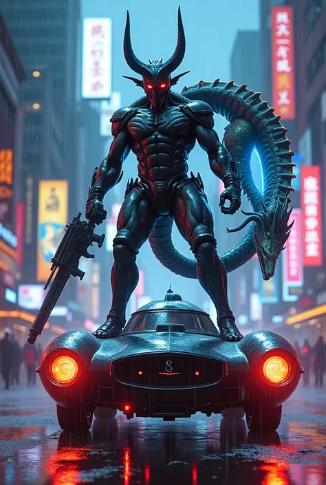 Cyberpunk x Fantasy、Demon、robot、gun、car、Dragon