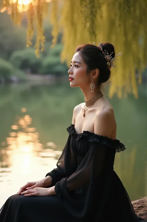 A beautiful woman sitting in a lake side and wearing a off shoulder traditional Chinese dress which is black coular and she wearing a traditional Chinese jewellery and her body pose was Chinese historical pose