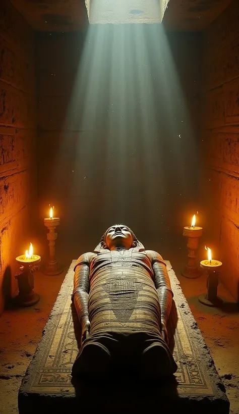 An ancient Egyptian tomb with a mummy and ominous symbols.