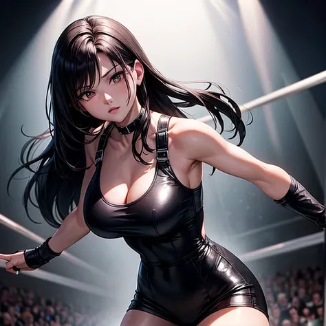 she is wearing black clothes,  High Cut Bodysuit.A woman doing professional wrestling　Tifa Lockhart　Open Finger Gloves　Fight in the ring