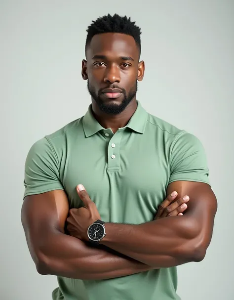 A confident man with short, black hair and a neatly trimmed, light beard faces the camera directly. He stands with a relaxed posture, his right hands finger is pointing left side of the image, as if directing attention to something off-frame. His muscular,...