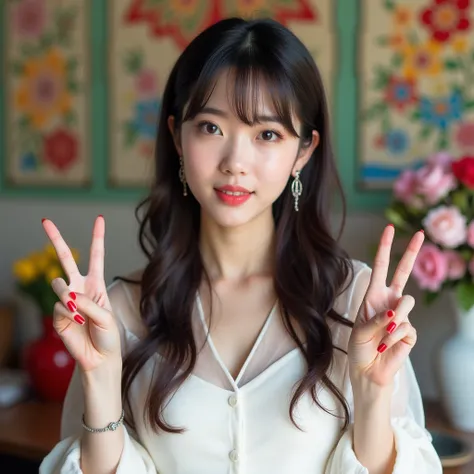 The image is a portrait of a young Asian woman with long dark hair and bangs. She is wearing a white dress with a sheer neckline and long sleeves. She has a pair of silver earrings and a bracelet on her wrist. The woman is standing in front of a colorful b...