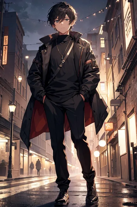  (((wallpaper 8k CG))), ((absurdres)), masterpiece, a male person standing on a city street, in the dark, wearing a jacket, 1boy, jacket, male focus, outdoors, solo, hand in pocket, looking at viewer, pants, black pants, street, long sleeves, closed mouth,...