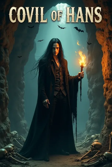 Poster of a white man, long black hair, light brown eyes, aged 36, A vampire-like figure holds a torch in his right hand, illuminating a catacomb with skeletons, spiders and bats, with the title at the top COVIL OF HANS