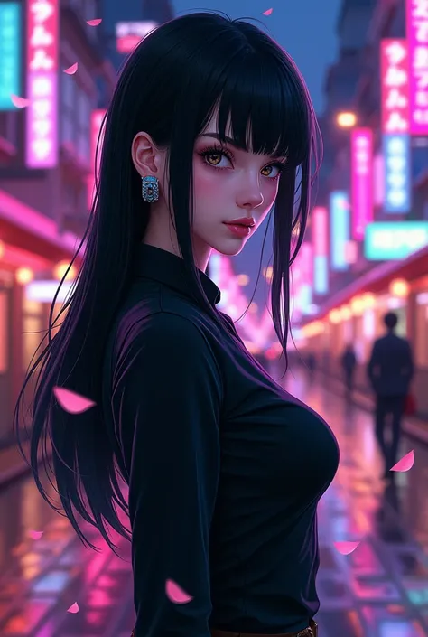 A very beautiful manga girl And wearing a black shirt and black hair.