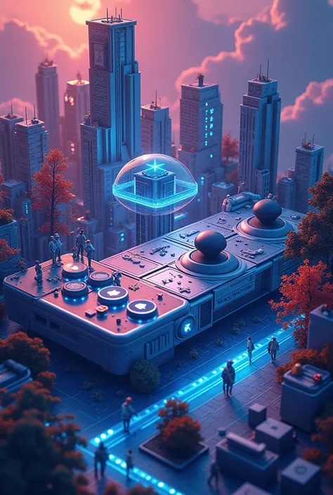 "An isometric view of a giant gaming console transformed into a futuristic blockchain city. The console buttons are buildings, with the d-pad as a central plaza. Tiny gamers navigate through streets made of glowing circuit board patterns. Floating above ar...