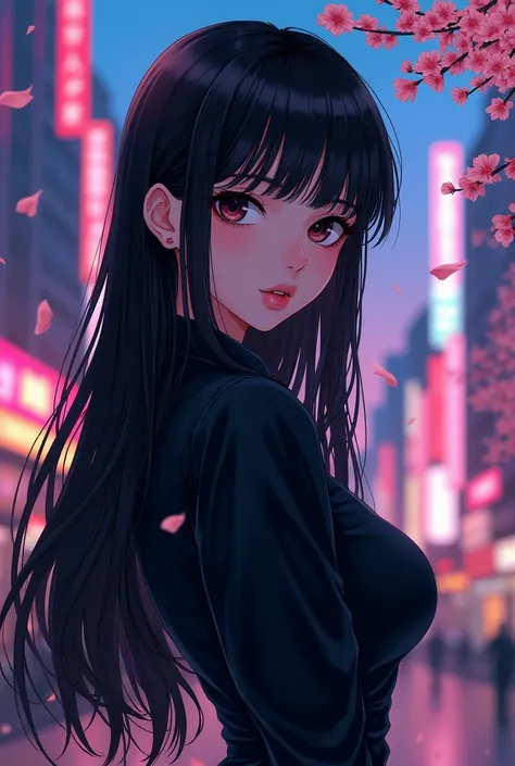 A very beautiful manga girl And wearing a black shirt and black hair.