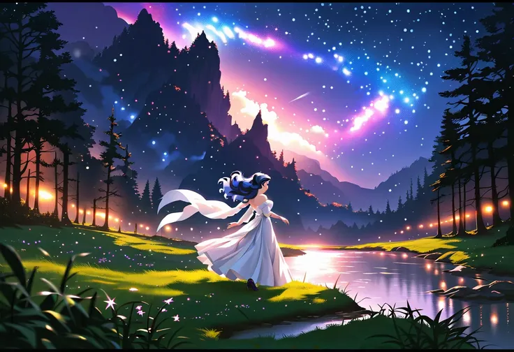 A woman in a beautiful feathered robe is dancing.,night,Fantasy Forest,night景,fire Fly,lake,(masterpiece, Highest quality, Highest quality, Official Art, beautifully、beautiful:1.2,Ray Tracing),Very detailed,Blue tones,Well-proportioned body,Long Hair,Long ...