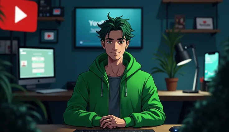 Create an anime-style image of a male character, dressed in green clothing. The character should have a realistic inspired appearance, with a slight, little smile on his face. He should be sitting in a modern editing studio, facing forward, making direct e...