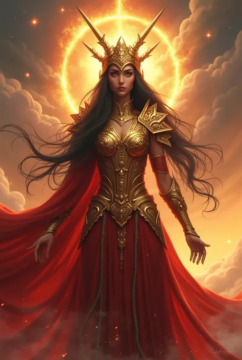 A radiant and ethereal ancient goddess, with an aura that oscillates between warmth and intensity. Her eyes are a deep, burning amber, symbolizing her dual nature of love and war. She is adorned with ornate golden armor that merges with flowing crimson rob...