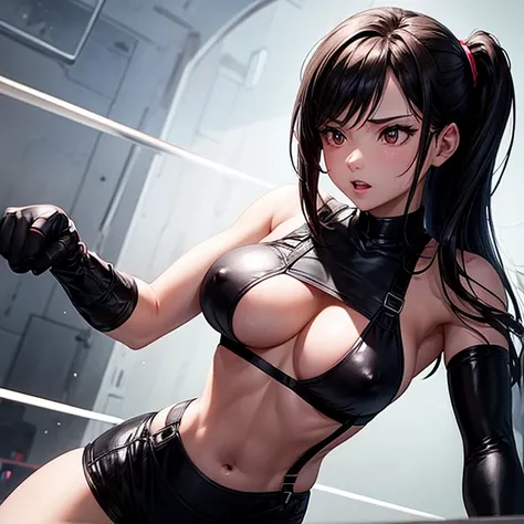 she is wearing black clothes,  High Cut Bodysuit.A woman doing professional wrestling　Tifa Lockhart　Open Finger Gloves　Fight in the ring　Nipples are visible