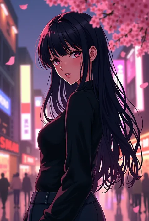 A very beautiful manga girl And wearing a black shirt and black hair.