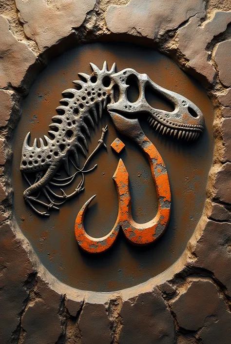 Create an image of a Tyrannosaurus rex fossil. Overlay the fossil with a clear depiction of the Allah symbol, ensuring the symbol is prominently visible on the fossil make bit old like 3b years and make allah symbol as imprint on the fossil mud