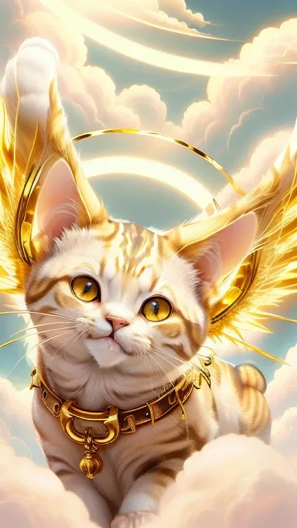 god々Cute cat１animal、Golden aura of a beckoning cat,Looking into the camera、Look at this、Background gold、Floating in the clouds