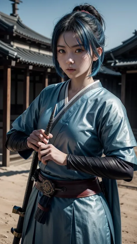 A young female samurai with short blue hair, blue eyes, wearing blue Japanese armor, and holding a katana. She stands on a battlefield. The scene is photo realistic, 8k quality, masterpiece, High Resolution, High Quality.