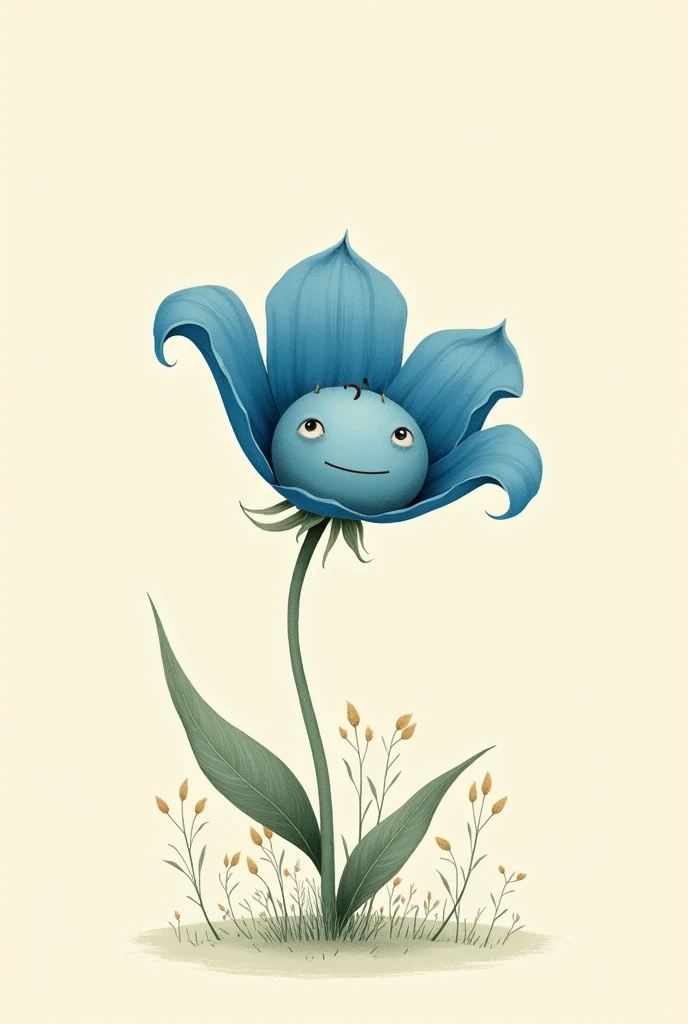 An illustration of a flower with blue petals and a sad, minimalist face., book styles , vintage illustration 