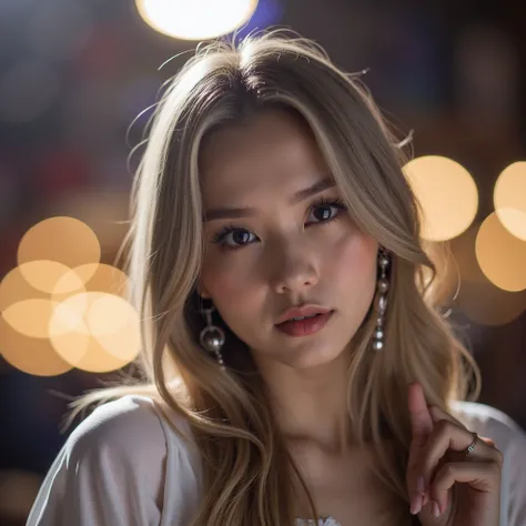 The image is a portrait of a young Asian woman with long dark hair and bangs. She is wearing a white dress with a sheer neckline and long sleeves. She has a pair of silver earrings and a bracelet on her wrist. The woman is standing in front of a colorful b...