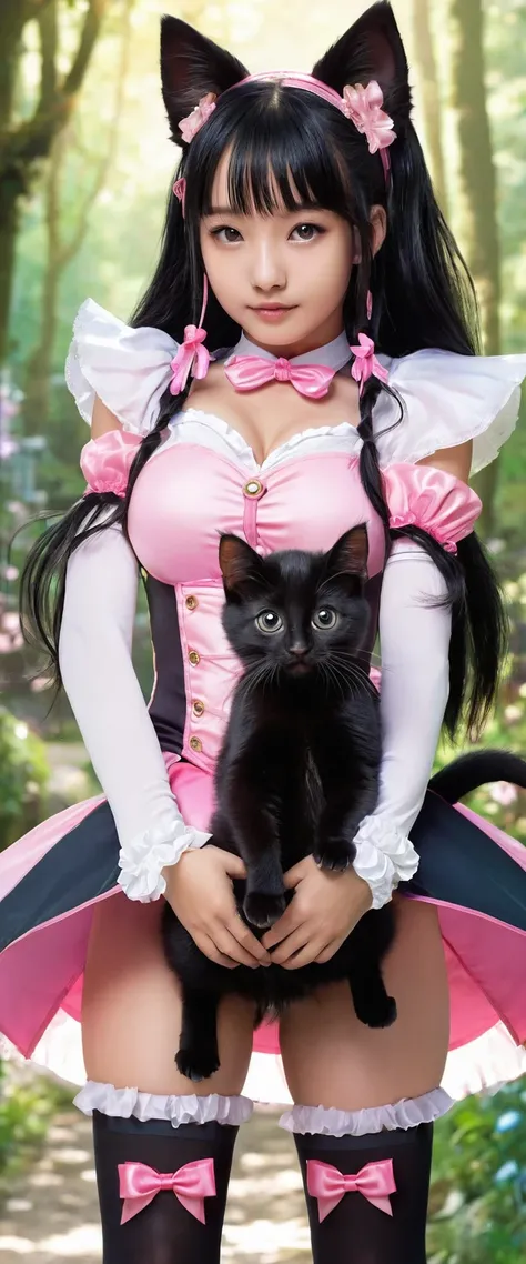 high quality, detailed, a little black kitten and a magical girl,the magical girl is 18 years old, the magical girl has abnormal extra ultra huge udders, in magical wander land,