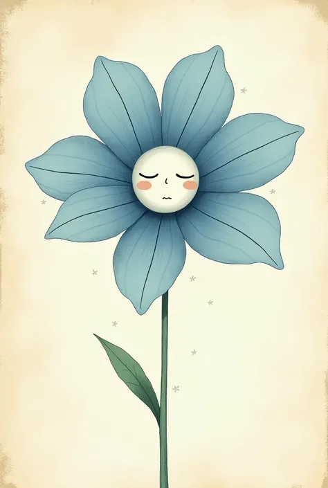 An illustration of a flower with blue petals and a sad, minimalist face., book styles , vintage illustration 