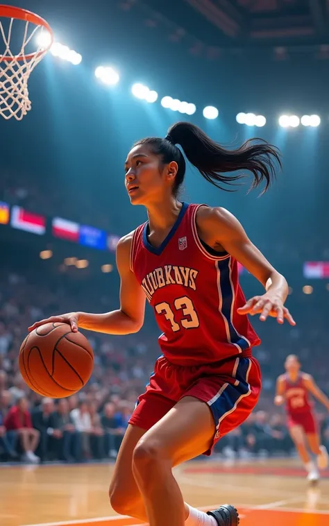 A beautiful Korean girl playing basketball，Basketball game， Dribbling，Dunk，Steals，18-year-old girl，Beautiful facial features，Glorious NBA game scene，An NBA stadium filled with spectators as the backdrop，
