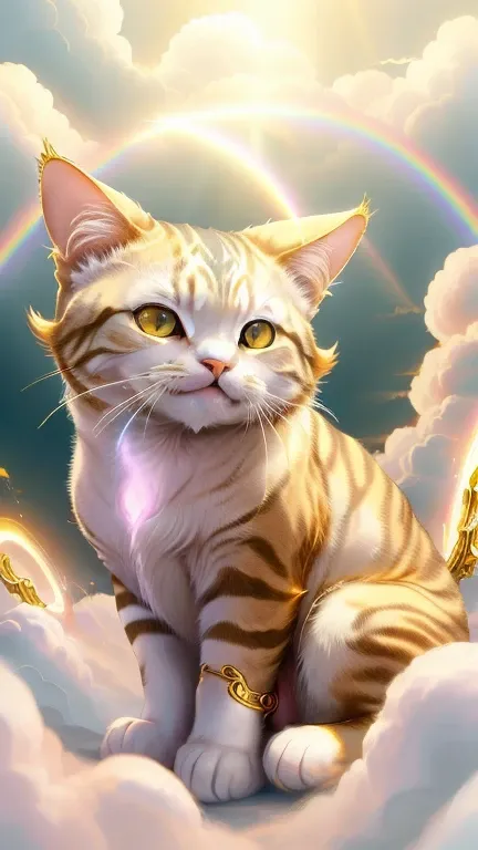 god々Cute cat１animal、The rainbow aura of a beckoning cat,Looking into the camera、Look at this、Background gold、Floating in the clouds