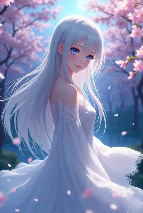 Woman
Anime
White hair
Wearing a white dress
Blue eyes
Mature look