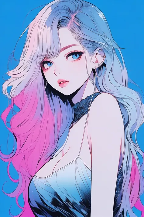 Illustrator, anime , Realistic ,sketch , 1 person, model, Age 25, lip, sheer chiffon mini dress, order, Blue gradient background, Neon Medium Hair, Big Breasts, look back, Tabletop, Sexy look, Texture Trim, Canadian, (masterpiece,Highest quality)