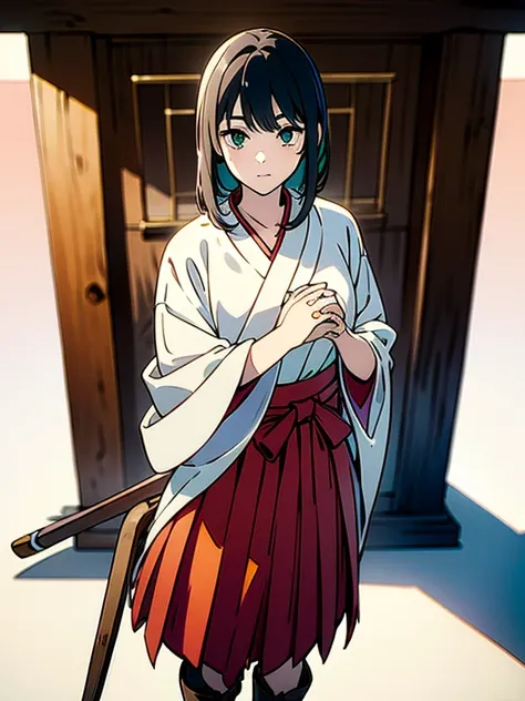 ((((masterpiece, Best Quality, Ultra-high resolution、Best illustrations))))、((Portrait of a person standing against a white background))、(Very delicate and cute face、Sparkling Eyes)、An 18-year-old beautiful shrine maiden stands alone, wielding a wooden swo...