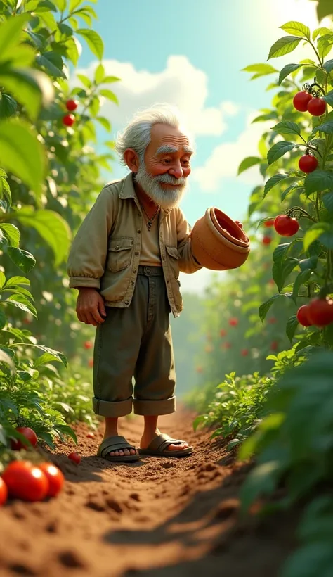 Uncle Tu is an old man, skinny with gray hair and tanned skin. He usually wears simple clothes like old shirts, long pants and sandals. Old man Tu holds fertilizer , fertilizing tomatoes
3D animation