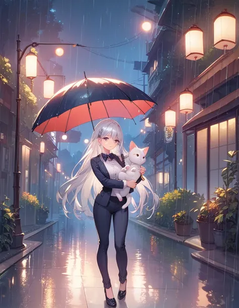 masterpiece, best quality, extremely detailed, Anime, night, rain, street lights, silver-haired woman, suit, holding opened umbrella, umbrella held above the cats head, kitten in cardboard,