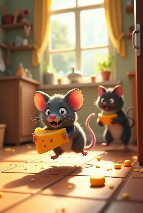 A little mouse run away from the cat he brings a piece of cheese 