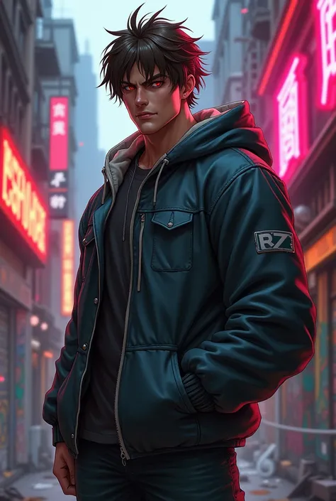 Round face man , thick man, in game like valorant with brown hair and Japanese eyes, smiling but a devilish. Not that fat. With hoodie. Bad ass. Not smiling. Cool and messy background.
