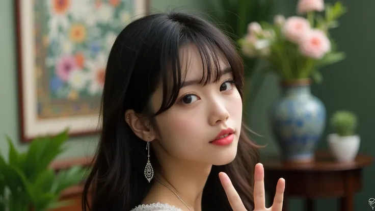 The image is a portrait of a young Asian woman with long dark hair and bangs. She is wearing a white dress with a sheer neckline and long sleeves. She has a pair of silver earrings and a bracelet on her wrist. The woman is standing in front of a colorful b...