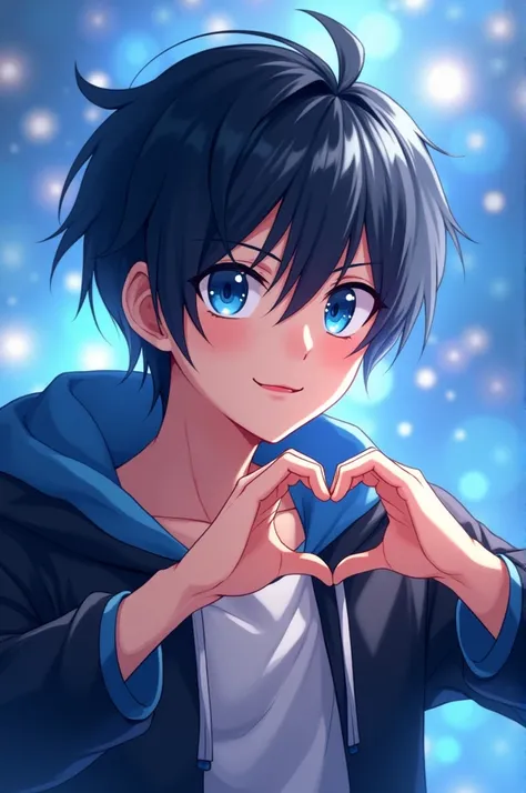 anime boy makes a heart with his hands, Man with Blue Heart, anime好き, blue eyesをした背の高いanimeの男性, Avatar Image, anime Boy, blue eyes!!, anime萌えアートスタイル, animeのハンサムな男, 8k!!, Also, Kirito, blue eyes. anime, tsuaii, honest,Black Hair