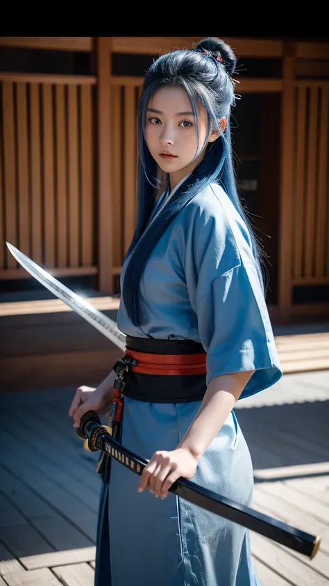 A young female samurai with long blue hair, blue eyes, wearing blue Japanese armor, and holding a katana. She stands on a battlefield. The scene is photo realistic, 8k quality, masterpiece, High Resolution, High Quality.