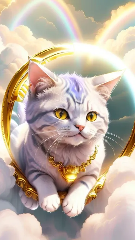 god々Cute cat１animal、The rainbow aura of a beckoning cat,Looking into the camera、Look at this、Background gold、Floating in the clouds