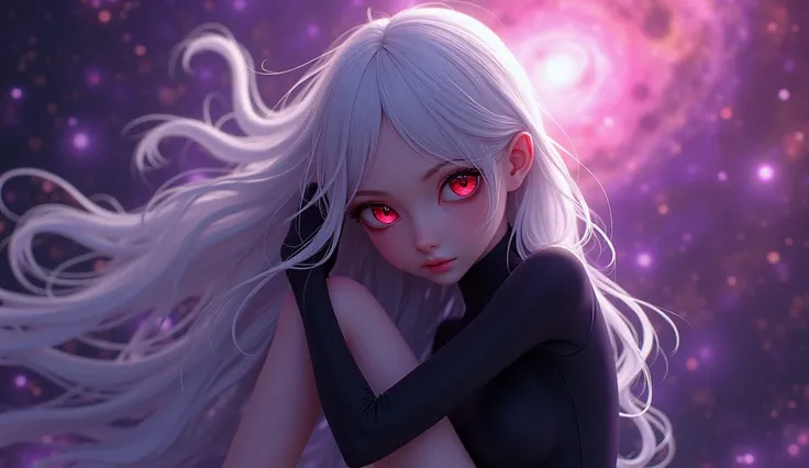 score_9, score_8_up, score_7_up, source_anime BREAK 1girl, solo, space, galaxy, nebula, red eyes, floating hair, white hair, very long hair, glowing, black bodysuit, full body, floating, knees up, fetal position, (head rest:0.3), head tilt, looking at view...