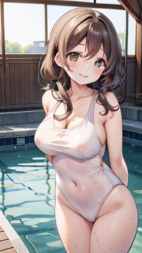 nozomitoujou, Nozomi-san always, Green Eyes, Brown Hair, Curly Hair, Large Breasts, masterpiece, Highest quality, High resolution, Beautiful attention to detail, Highly detailed face, Good lighting, Detailed CG, Messy Hair, One piece swimsuit, Indoor swimm...