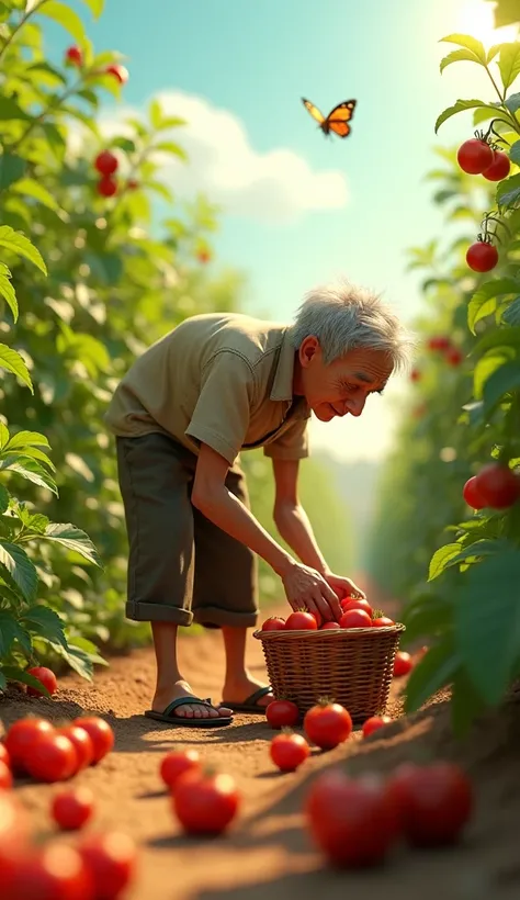 Uncle Tu is an elderly man, Lean with gray hair and tanned skin. He usually wears simple clothes like old shirts, Long pants and flip-flops. Mr. Tu harvested and picked tomatoes in the garden to put in the basket.
3D Animation