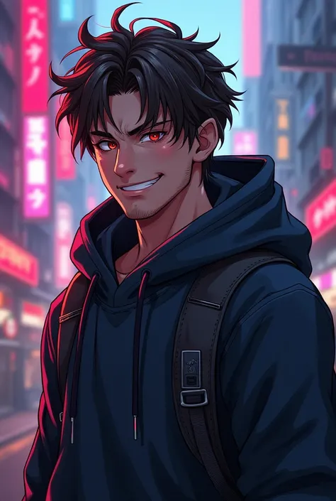 Round face man , thick man, in game like valorant with brown hair and Japanese eyes, smiling but a devilish. Not that fat. With hoodie. Bad ass. Not smiling. Cool and messy background
