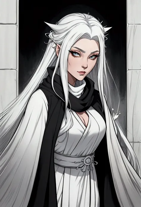 Close-up of a woman with white hair and a black scarf, Ian Jay character portrait, Pixiv competition winner, fantasy art, white-haired deity, Beautiful character art, artwork in the style of Gouvez, Yuki-onna&#39;s piercing gaze, Gouvez, with white long ha...